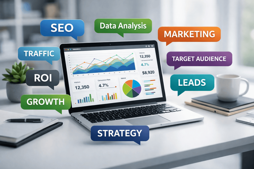 Laptop screen showing marketing analytics dashboard with charts and key metric labels