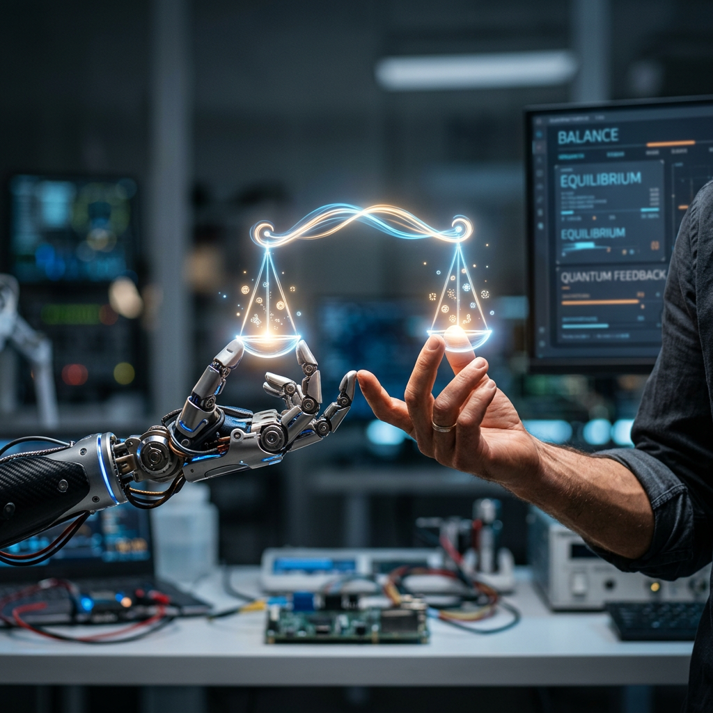 Robotic hand and human hand holding a glowing balanced scale in a laboratory
